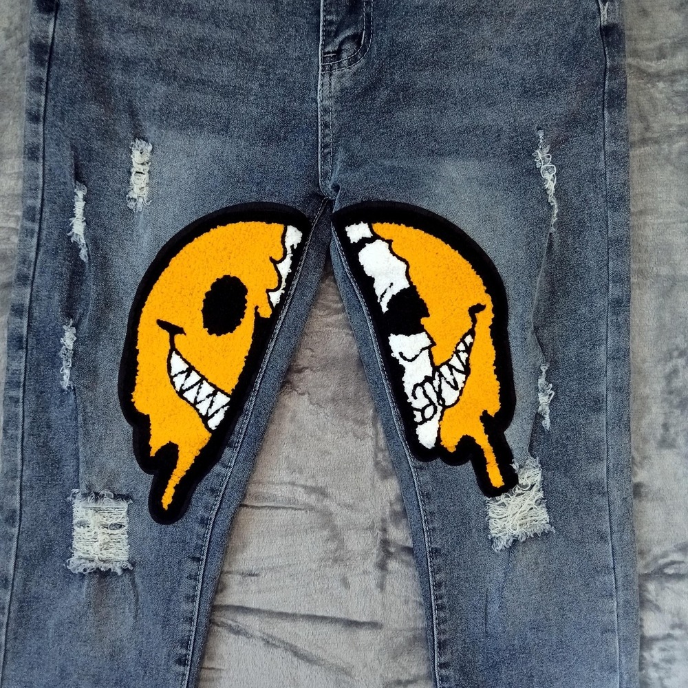 Jeans Womens 14 Blue Distressed Patchwork Smiley Face Graphic Y2K Streetwear - Picture 3 of 8